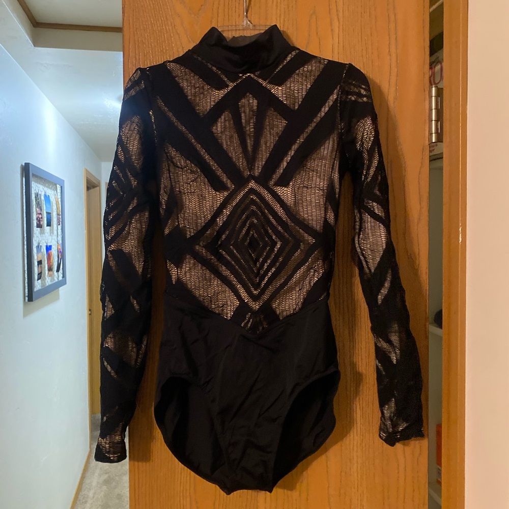 balera Black Geometric Mesh Long Sleeve Bodysuit
